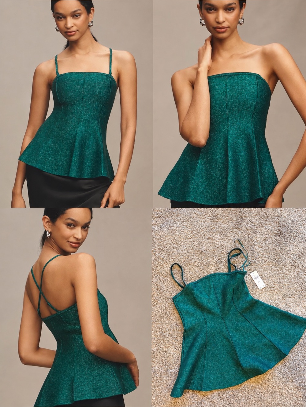 NWT Anthropologie Emerald Green Metallic Lurex Corset Peplum Top XXS